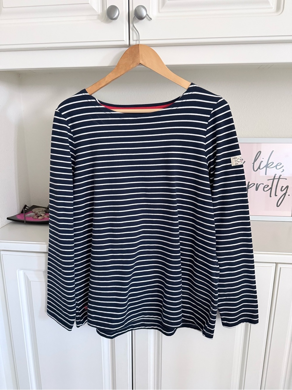 Joules Navy and White Striped Long Sleeve Top with Red Trim